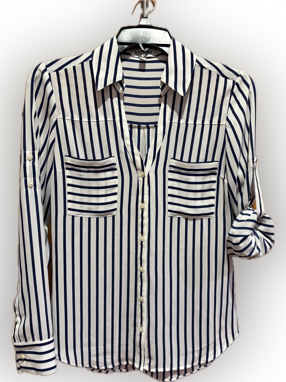 Express Portofino White and Navy Vertical Stripe Blouse XS
